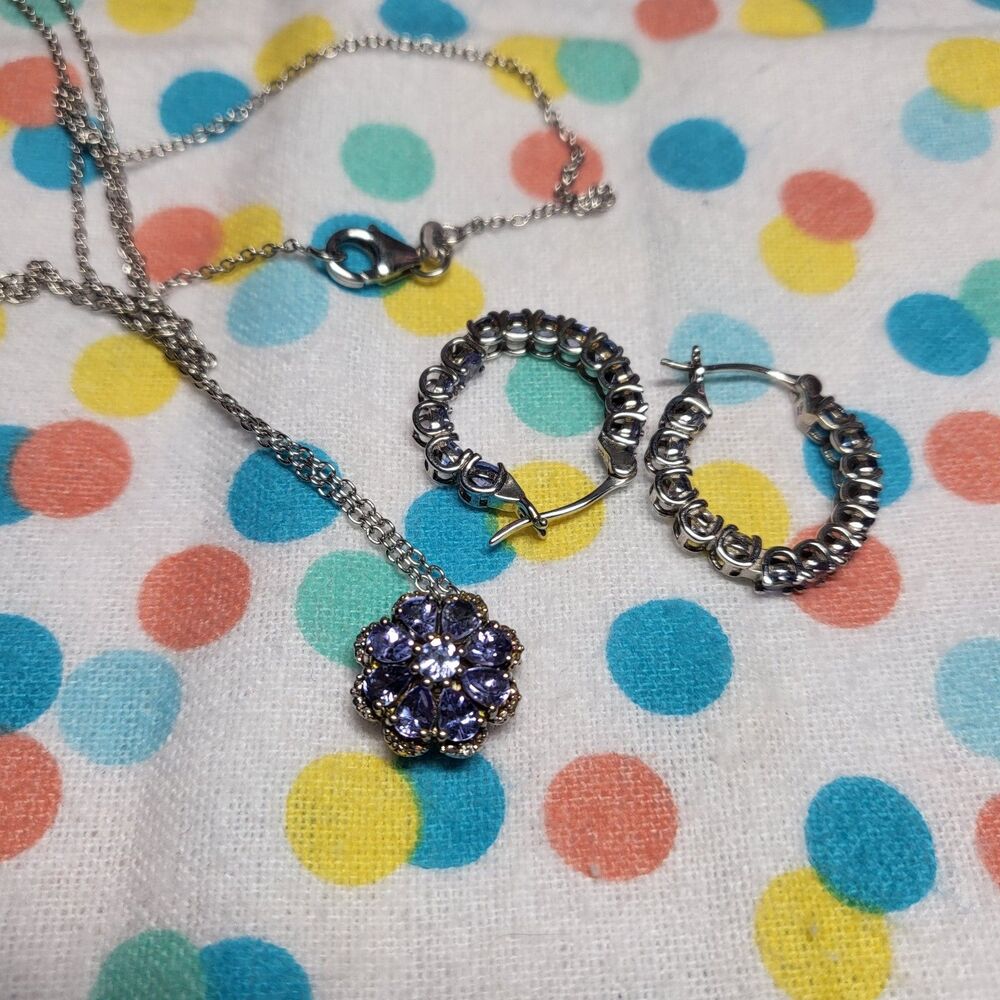 Tanzanite Flower Sterling Silver Pendant Necklace with Inside out Hoops